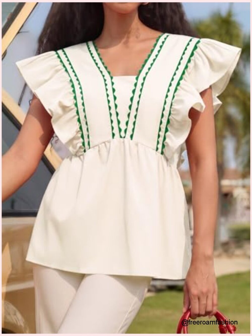 V-Neck Babydoll Peplum Top with Ruffle Cap Sleeves - Picture 2 of 7